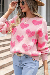 Valentine's Day Heart Jacquard Round Neck Sweater Blush Pink OutfitFlow