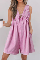 Mineral Wash Pleated Bust V Neck Sleeveless Denim Romper Pink OutfitFlow