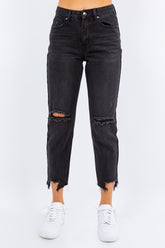 American Bazi High Waist Distressed Cropped Straight Jeans Black OutfitFlow