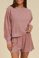 Round Neck Long Sleeve Checkered Top and Shorts Set Dusty Pink OutfitFlow