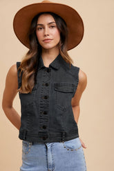 Annie Wear Collared Neck Button Down Denim Vest Black OutfitFlow