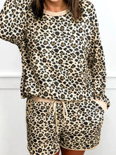 Leopard Print Contrast Trim Long Sleeve Pullover and Drawstring Shorts 2pcs Outfit Leopard OutfitFlow