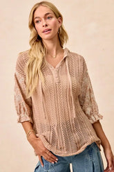 BiBi Jacquard Flower Puff Sleeve Hooded Knit Top TAUPE OutfitFlow