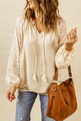 Tassel Tie Neck Long Sleeve Blouse Beige OutfitFlow