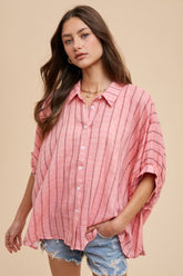 Annie Wear Striped Button Up Half Sleeve Shirt Coral Pink OutfitFlow