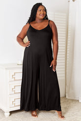Double Take Full Size Soft Rayon Spaghetti Strap Tied Wide Leg Jumpsuit Black OutfitFlow