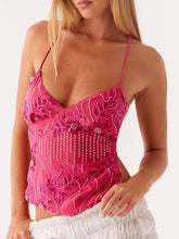 Embroidered Sequin Tie Back Cami Rose Red OutfitFlow