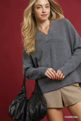Umgee V-Neck Sweater with Wide Trim Detail CHARCOAL OutfitFlow