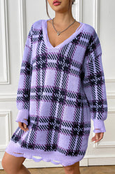 Plaid V-Neck Long Sleeve Sweater Dress Light Indigo One Size OutfitFlow