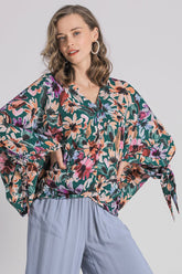 Umgee Full Size Floral V-Neck Tie Sleeve Blouse Plus Size FORESTMIX OutfitFlow