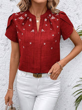 Floral Notched Short Sleeve Blouse Rust OutfitFlow