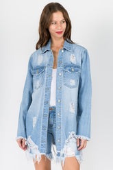 American Bazi Distressed Frayed Hem Denim Jacket LT Blue OutfitFlow