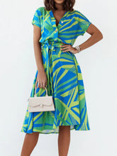 Printed Button Front Midi Dress with Belt Blue OutfitFlow