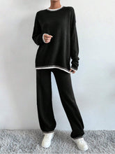 Side Slit Contrast Trim Round Neck Top and Pants Sweater Set Black OutfitFlow