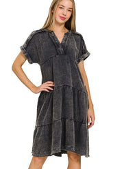 Zenana Washed Double Gauze Raw Edge V-neck Dress ASH BLACK OutfitFlow