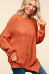 Haptics Full Size Side Slit Texture Asymmetric Sweater Pumpkin OutfitFlow