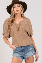 Lace-Up Waffle Knit Crop Top Camel OutfitFlow