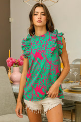 BiBi Leopard Leaves Print Woven Top JADE FUCHSIA OutfitFlow