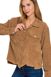 Zenana Distressed Corduroy Frayed Hem Cropped Jacket DEEP CAMEL OutfitFlow