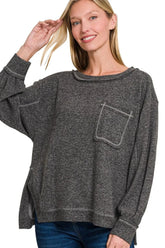 Zenana Brushed Hacci Hi-low Round Neck Knit Top BLACK OutfitFlow