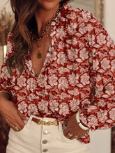 Floral Print Split Neck Pleated Long Sleeve Blouse Fiery Red OutfitFlow