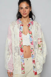 POL Lace Long Sleeve Shirt with Floral and Striped Pattern Blush Pink OutfitFlow