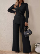 Tie-Waist Long Sleeve Top and Pants Set Black OutfitFlow