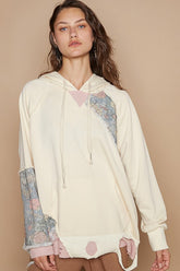 POL Floral Patchwork Distressed Drawstring Hoodie Cream OutfitFlow