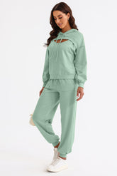 Cutout Drawstring Hoodie and Joggers Active Set Light Green OutfitFlow