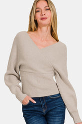 Zenana Cross Wrap Rib Long Sleeve Sweater H Mocha OutfitFlow