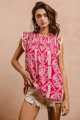 BiBi Printed Ruffle Sleeve Top PINK OutfitFlow