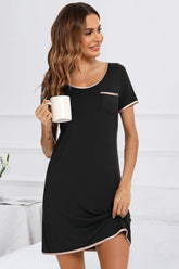 Contrast Trim Pocketed Round Neck Lounge Dress Black OutfitFlow