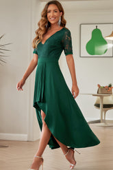 Lace Cutout V-Neck Short Sleeve Dress Dark Green OutfitFlow