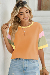 Lovelet Color Block Round Neck Half Sleeve T-Shirt Mustard OutfitFlow
