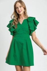 Umgee Double Ruffle Sleeve Fit and Flare Dress Dark Green OutfitFlow