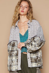POL Balloon Sleeve Floral Color Block Plaid Shirt Brown Grey OutfitFlow