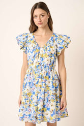 Mittoshop Floral V-Neck Cap Sleeve Mini Dress Blue OutfitFlow