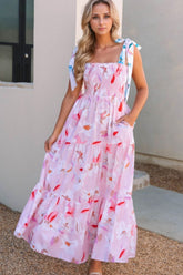 Floral Print Knotted Shoulder Smocked Maxi Dress Blush Pink OutfitFlow