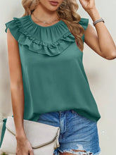 Ruffle Trim Round Neck Blouse Dark Green OutfitFlow
