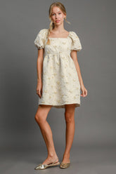 Umgee Heart Jacquard Square Neck Puff Sleeve Mini Dress Cream OutfitFlow