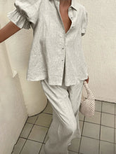 Plus Size Button-Down Shirt and Wide-Leg Pants Set Light Gray OutfitFlow