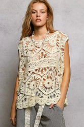 POL Openwork Round Neck Floral Crochet Tank CREAM One Size Trendsi