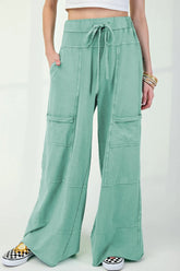 Mineral Wash Exposed Seam Drawstring High Waist Wide Leg Cargo Pants Gum Leaf OutfitFlow