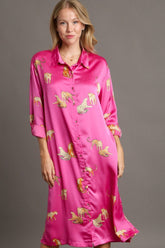 Umgee Full Size Animal Print Button Down Midi Shirt Dress Plus Size Fuchsia Pink OutfitFlow