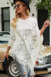 Pearl Trim V-Neck Fringe Hem Poncho White One Size OutfitFlow