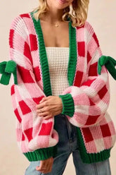 Checkered Bow-Tie Sleeve Knit Christmas Cardigan Strawberry OutfitFlow