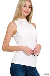 Zenana Ribbed Sleeveless Mock Neck Top WHITE OutfitFlow