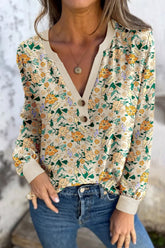 Floral Print Notched Long Sleeve Blouse Floral OutfitFlow