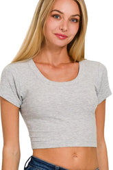 Zenana Ribbed Scoop Neck Crop Short Sleeve Top H GREY OutfitFlow