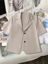 Short Sleeve Lapel Collar Solid Blazer Light Khaki OutfitFlow